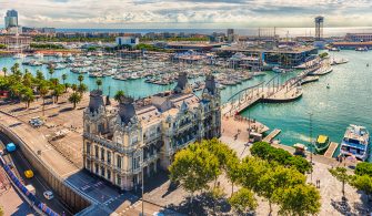 Aerial view of Port Vell, Barcelona, Catalonia, Spain