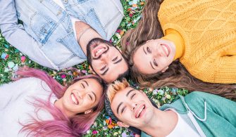 Happy smiling young people taking selfie looking in the sky  lyi