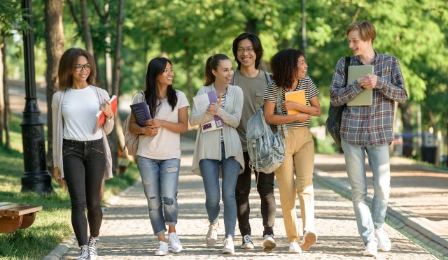 Multiethnic group of young cheerful students walking